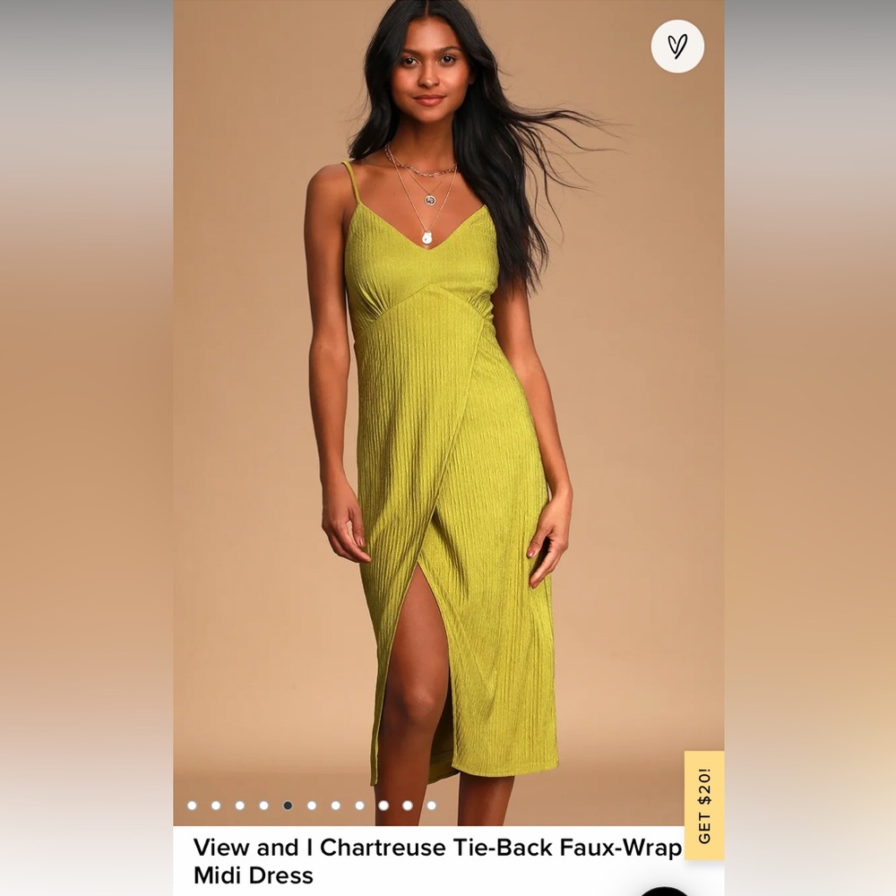 Lulus View and I Chartreuse Tie-Back Faux Wrap Midi Dress
